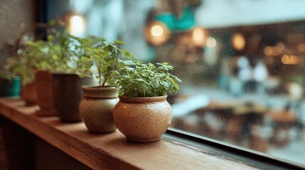 Fresh Herbs in Cozy Pots on Window Sill with Raindrops Outside
