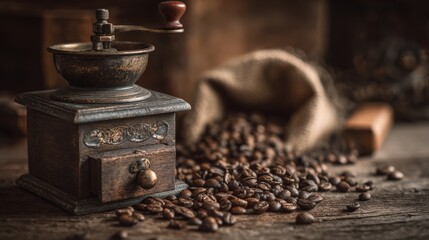 Antique Coffee Grinder and Spilled Coffee Beans on Rustic Table
