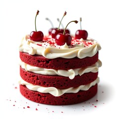 Close up of a freshly made red velvet cake with cream cheese frosting and red decorations