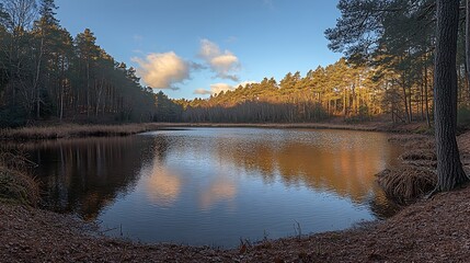 Fototapeta premium Tranquil lake surrounded by a forest in the winter.