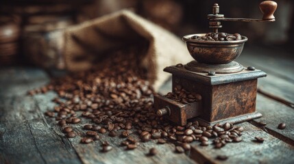 Vintage Coffee Grinder on Rustic Table with Spilled Coffee Beans