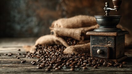 Rustic Coffee Grinder with Beans and Burlap on Wooden Surface