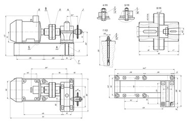 Assembly drawing of electrical reducer.
Design of steel mechanical device with shaft, worm gear, 
electric engine, bolt connection, dimension lines.
Engineering technic cad scheme with cross section.