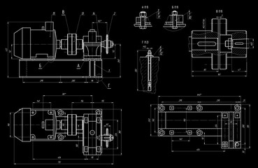 Assembly drawing of electrical reducer.
Design of steel mechanical device with shaft, worm gear, 
electric engine, bolt connection, dimension lines.
Engineering technic cad scheme with cross section.