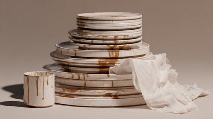 Stacked Dirty Plates with Spills and Cloth on Neutral Background