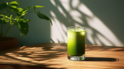 Refreshing Green Drink in Glass Against Bright Natural Background