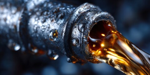 Close-up of liquid pouring from a metallic pipe, with droplets glistening, creating a beautiful display.