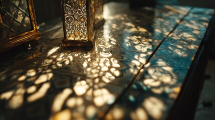 Elegant Light Patterns Cast by Lanterns on Wooden Surface
