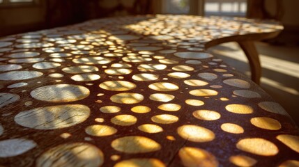 Wooden Table Surface with Circular Patterns and Natural Light Effects