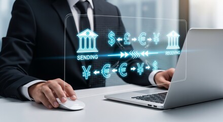 International Bank Transfer Interface – Digital Currency Exchange Symbols and Global Transaction Concept