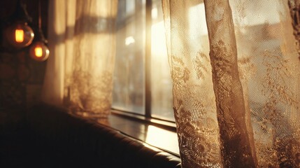 Sunlight Filtering Through Lace Curtains in a Cozy Indoor Scene