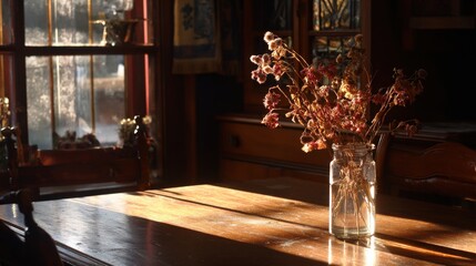 Dried flowers in a glass vase on a wooden table with sunlight