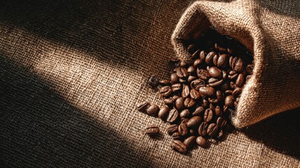 Freshly Roasted Coffee Beans Spilling from Burlap Sack on Texture