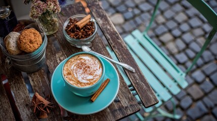 Cozy Coffee Scene with Pastries and Spices on Rustic Table