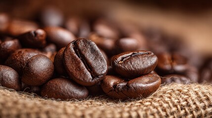 Fresh Coffee Beans on Burlap Fabric Background for Cafe Themes