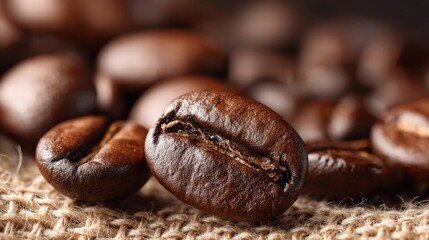 Close-up View of Freshly Roasted Coffee Beans on Burlap Background