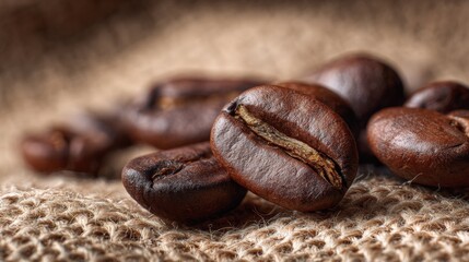 Close-Up of Freshly Roasted Coffee Beans on Natural Fabric Surface