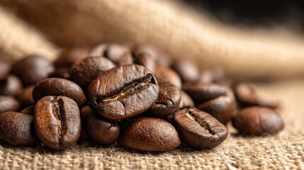 Freshly Roasted Coffee Beans Piled on Natural Jute Fabric Background