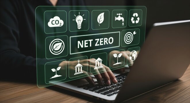 Net Zero Carbon Concept with Green Technology on Digital Interface over Laptop
