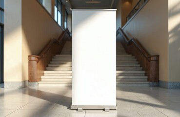 Blank white roll-up banner template standing beside lobby stairs. Empty advertising mockup in business space, commercial pull-up display, ready for your message or promotion. Copy space available.