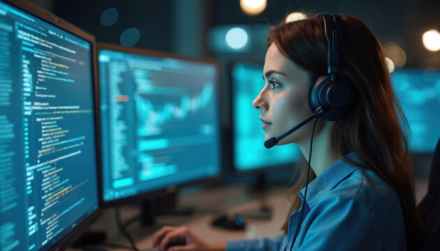 Woman with headset works in call center office analyzing data on computer screens. AI technology optimizes call routing, agent performance, and customer satisfaction using realtime insights.