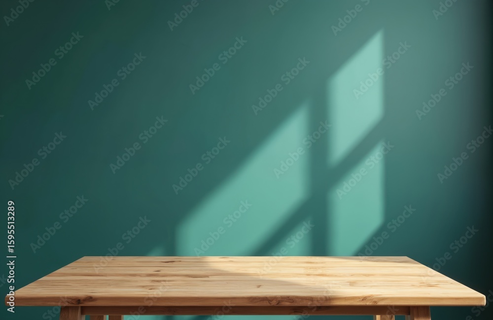 Poster rustic wooden table foreground against teal wall with diagonal shadow patterns. clean surface for pr