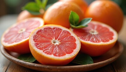 Macro view of juicy pink grapefruits on wooden plate. Refreshing citrus fruit with vibrant flesh, natural segmented pattern. Healthy organic food, rich in vitamin C, perfect for diet wellness themes.