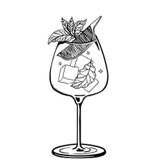 Hand Drawn Wine Glass Cocktail with Ice Lemon Slice and Mint Leaves Black and White Line Art Illustration of Refreshing Summer Beverage for Bar Menu and Elegant Drink Design