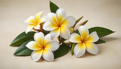 Fototapeta premium Beautiful frangipani flowers with bright yellow centers and green leaves, creating a serene and lovely image.