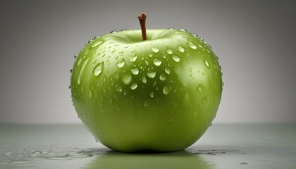 A close-up shot of a crisp green apple covered in refreshing water droplets.