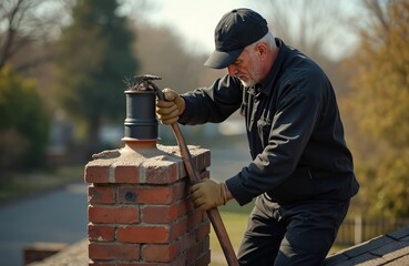 Experienced chimney sweep cleans rooftop flue with brush. Man in uniform works on house exterior, ensuring fireplace safety and maintenance. Pro service promotes home care and building upkeep.