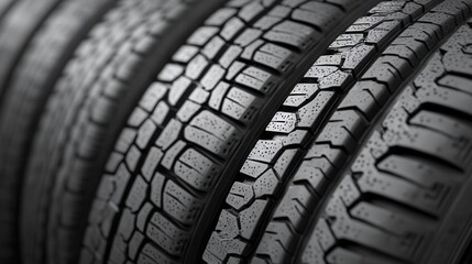 A close-up view showcases the detail of new black tires stacked together, offering a textured aesthetic.