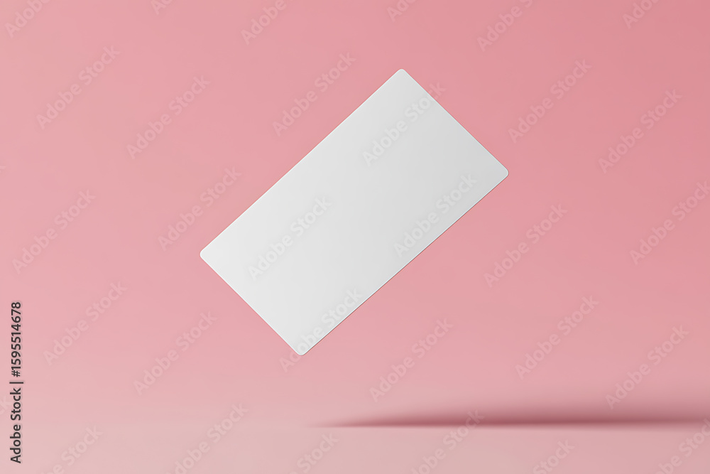 Poster blank white card on pink background: a minimalist studio shot with a floating card casting a shadow,