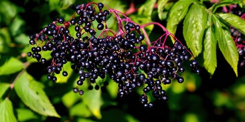 Vibrant elderberries hang heavily on a branch, showcasing their deep, glossy black color and freshness.