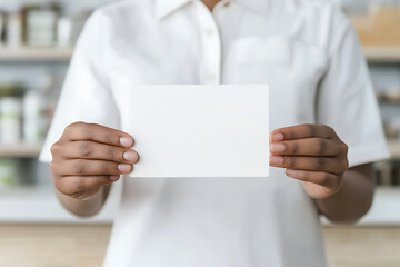 Person holds a blank card while wearing a white shirt. Good for promotions, discounts, or important messages in the health industry.