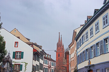 Rittergasse street in the Old Town in historic city center, view towards the Cathedral in Basel, Switzerland