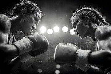 Intense Boxing Match: Two female boxers face off in a dramatic black and white image, showcasing their focus and determination in the ring. Capturing the intensity of the competition.