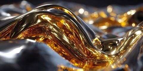 A striking abstract composition featuring shimmering gold and silver metal.