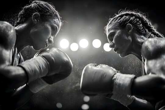 Intense Boxing Match: Two female boxers face off in a dramatic black and white image, showcasing their focus and determination in the ring. Capturing the intensity of the competition. - Powered by Adobe