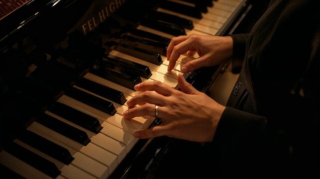 A pianist's hands gracefully play the piano, creating beautiful music during a concert.