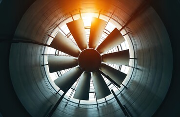 Industrial cooling tower fan with wide blades against bright sky. Large HVAC system component for air conditioning, ventilation in factories, power plants, large buildings. Heavy machinery for