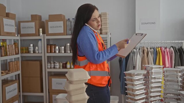 Woman multitasking in a volunteer stand indoors, talking on phone and taking notes with donation boxes and clothes rack in the background.