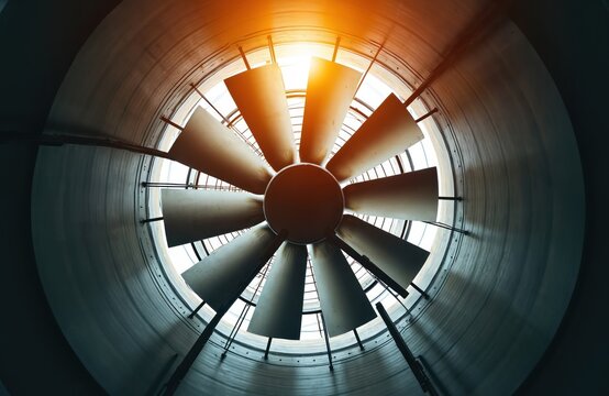 Industrial cooling tower fan with wide blades against bright sky. Large HVAC system component for air conditioning, ventilation in factories, power plants, large buildings. Heavy machinery for