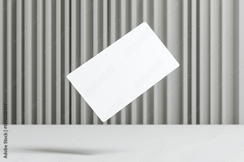 Poster minimalist presentation of a blank white card floating against a textured gray wall, perfect for sho
