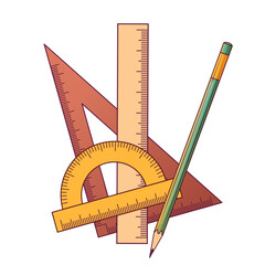 Vector illustration of geometry tools: triangle, ruler, protractor, and a pencil isolated on white. Math, architecture, and learning concepts.