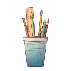 Vector illustration of a transparent cup filled with pencils, pens, ruler isolated on white. Neatly organized stationery set, suitable for study, school, or office themes.