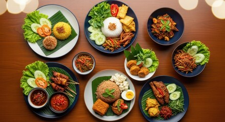 Delectable Culinary Display: An overhead shot captures a mouthwatering assortment of dishes, meticulously arranged to showcase a gastronomic experience for epicurean delights.