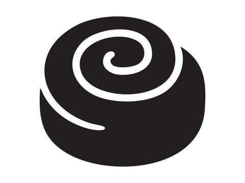 Black silhouette of cinnamon roll with spiral shape, isolated on white background, graphic illustration. Concept of dessert, pastry, sweet bun, bakery icon, breakfast food, design element