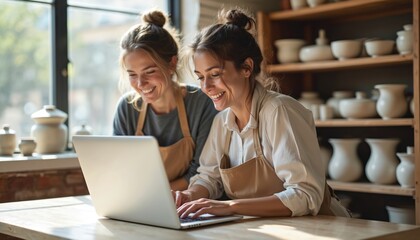 Two women ceramists happily use laptop in pottery studio. Small business owners, female entrepreneurs work together in shop. Smiling colleagues discuss craft, online sales. Technology aids success.