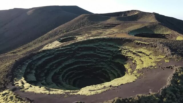 Aerial view of the stunning capelinhos volcano crater on faial island, azores, showcasing its unique volcanic landscape and geological formation